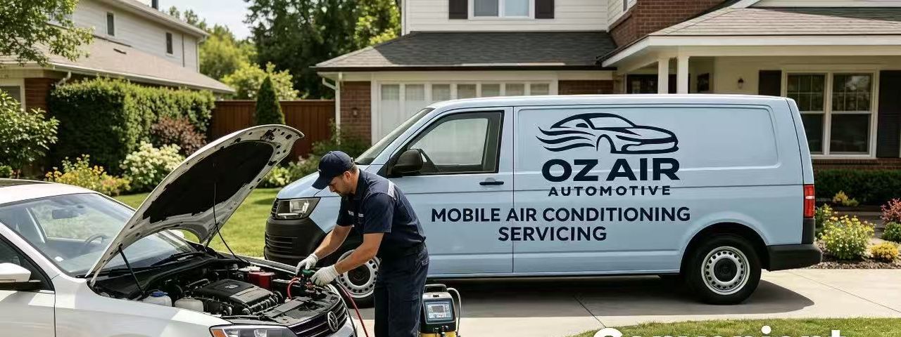 An Oz Air Automotive technician recharging a car’s air conditioning in a driveway beside the service van