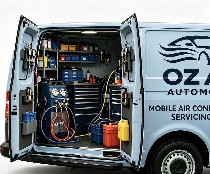 The rear of the Oz Air Automotive van open, showing the recovery machine, gauges, refrigerant and tooling carried on board